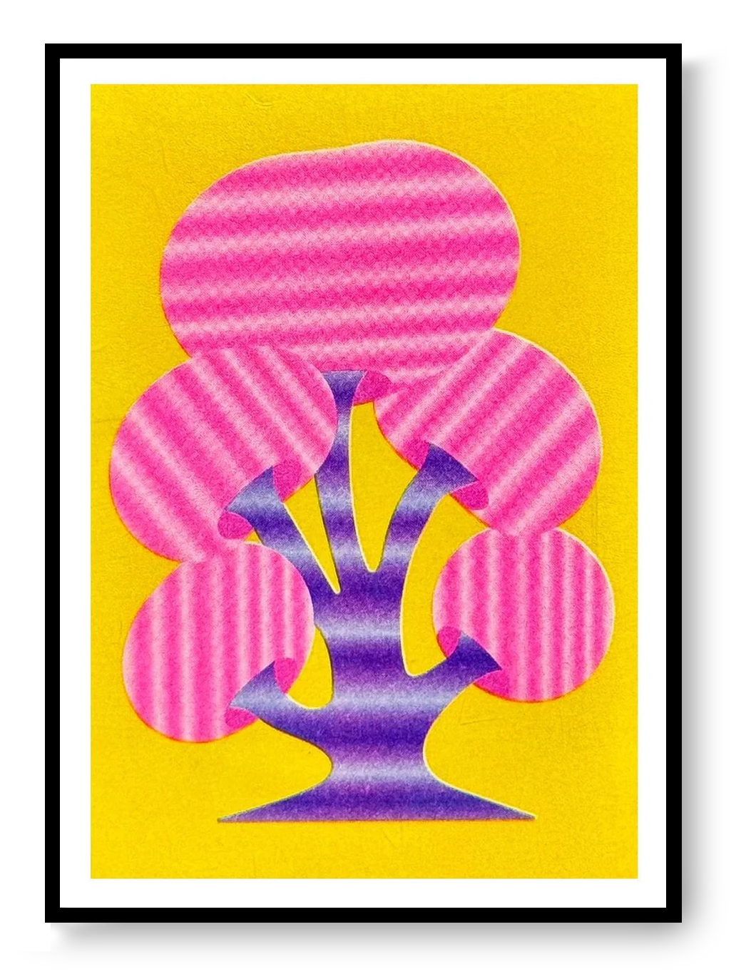 Mushroom 1 risograph art print by PTRVRKD featuring pink mushroom shapes and a purple trunk on a bright yellow background, handprinted with soy inks on Biotop paper.