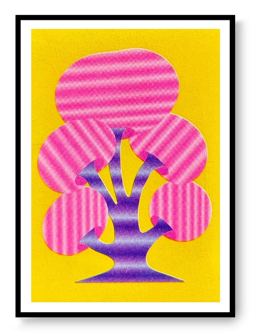 Mushroom 1 risograph art print by PTRVRKD featuring pink mushroom shapes and a purple trunk on a bright yellow background, handprinted with soy inks on Biotop paper.