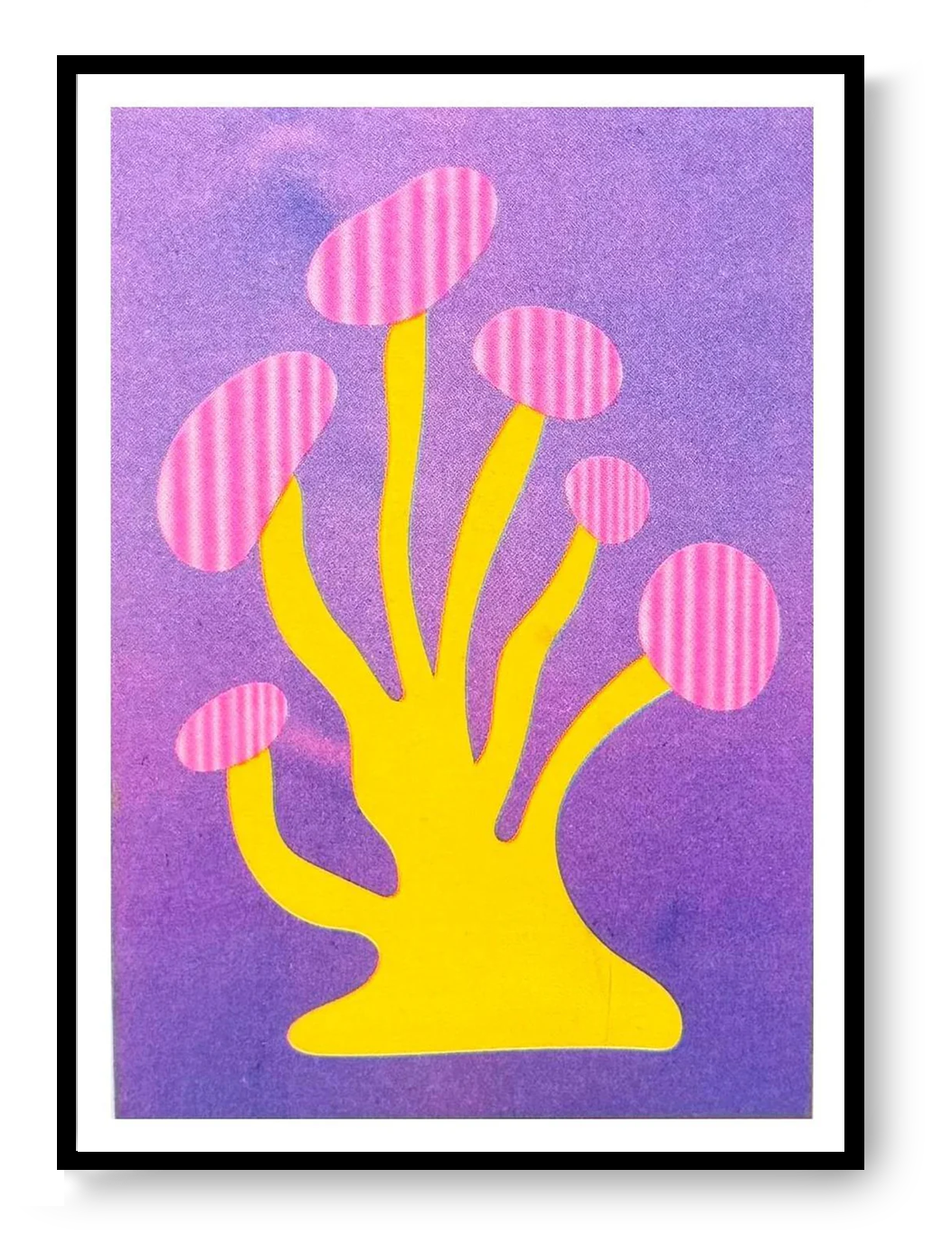 Mushroom 2 risograph art print by PTRVRKD featuring bright yellow stems and pink mushroom caps on a purple background, handprinted with soy inks on Biotop paper.