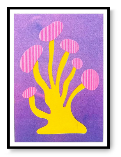 Mushroom 2 risograph art print by PTRVRKD featuring bright yellow stems and pink mushroom caps on a purple background, handprinted with soy inks on Biotop paper.