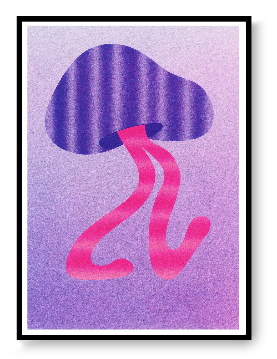 Mushroom 3 risograph art print by PTRVRKD featuring an abstract purple mushroom with flowing pink shapes, handprinted with soy inks on Biotop paper.