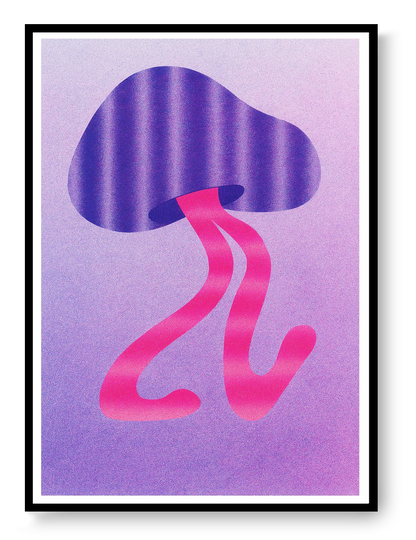 Mushroom 3 risograph art print by PTRVRKD featuring an abstract purple mushroom with flowing pink shapes, handprinted with soy inks on Biotop paper.