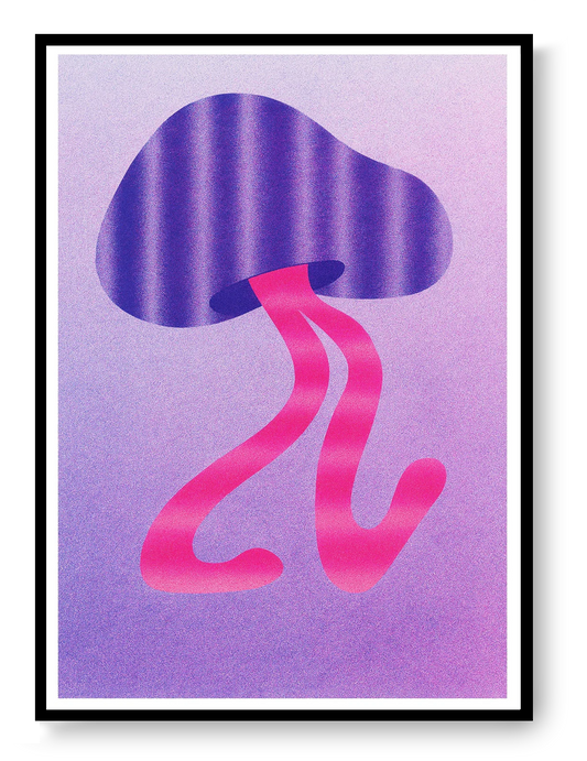 Mushroom 3 risograph art print by PTRVRKD featuring an abstract purple mushroom with flowing pink shapes, handprinted with soy inks on Biotop paper.