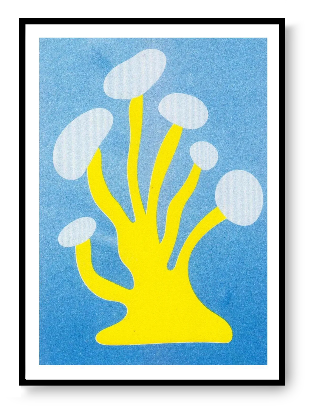 Mushroom 4 risograph art print by PTRVRKD featuring a bold yellow abstract mushroom shape on a blue background, handprinted with soy inks on Biotop paper.