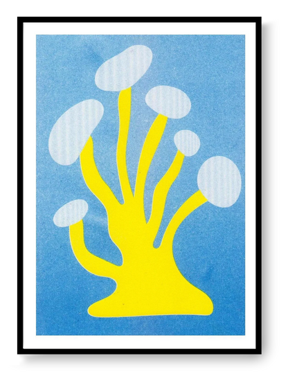 Mushroom 4 risograph art print by PTRVRKD featuring a bold yellow abstract mushroom shape on a blue background, handprinted with soy inks on Biotop paper.