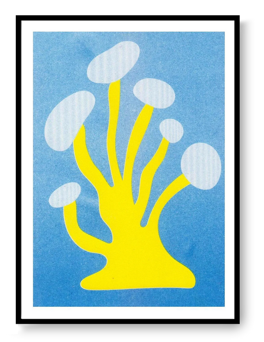 Mushroom 4 risograph art print by PTRVRKD featuring a bold yellow abstract mushroom shape on a blue background, handprinted with soy inks on Biotop paper.