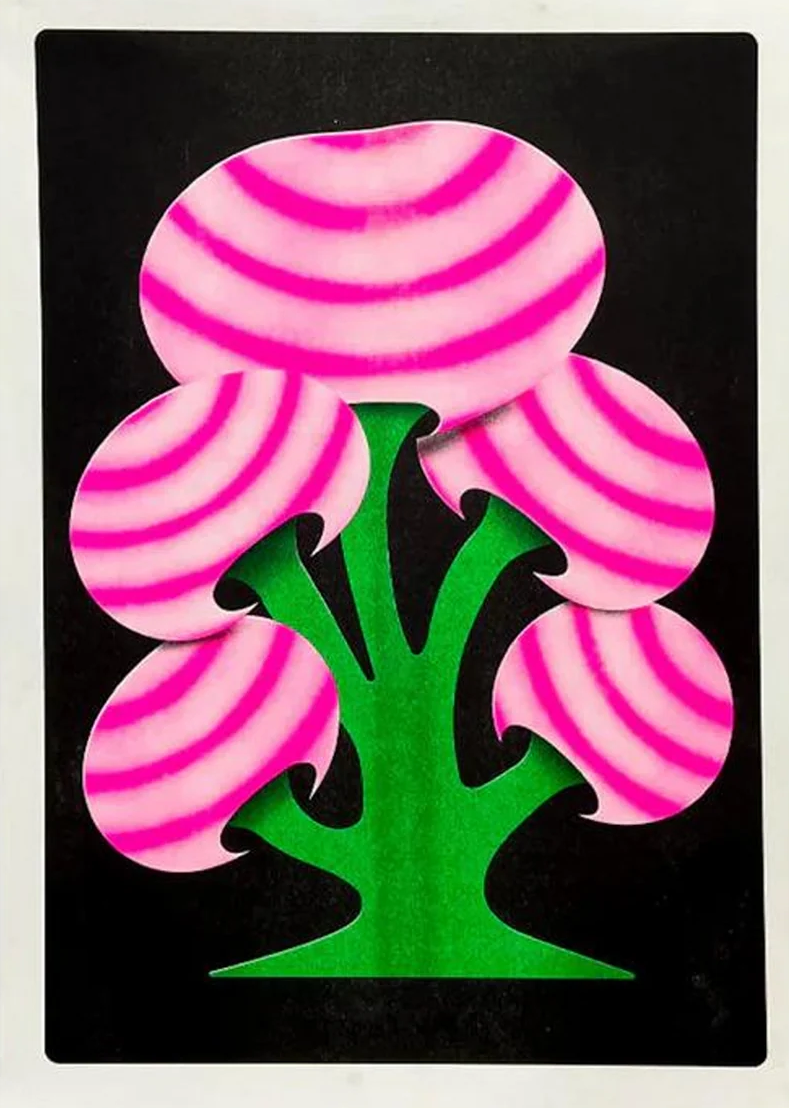 Limited A3 Mushroom risograph art print by PTRVRKD with neon pink mushroom shapes and green forms on a black background, signed and numbered edition of 6.