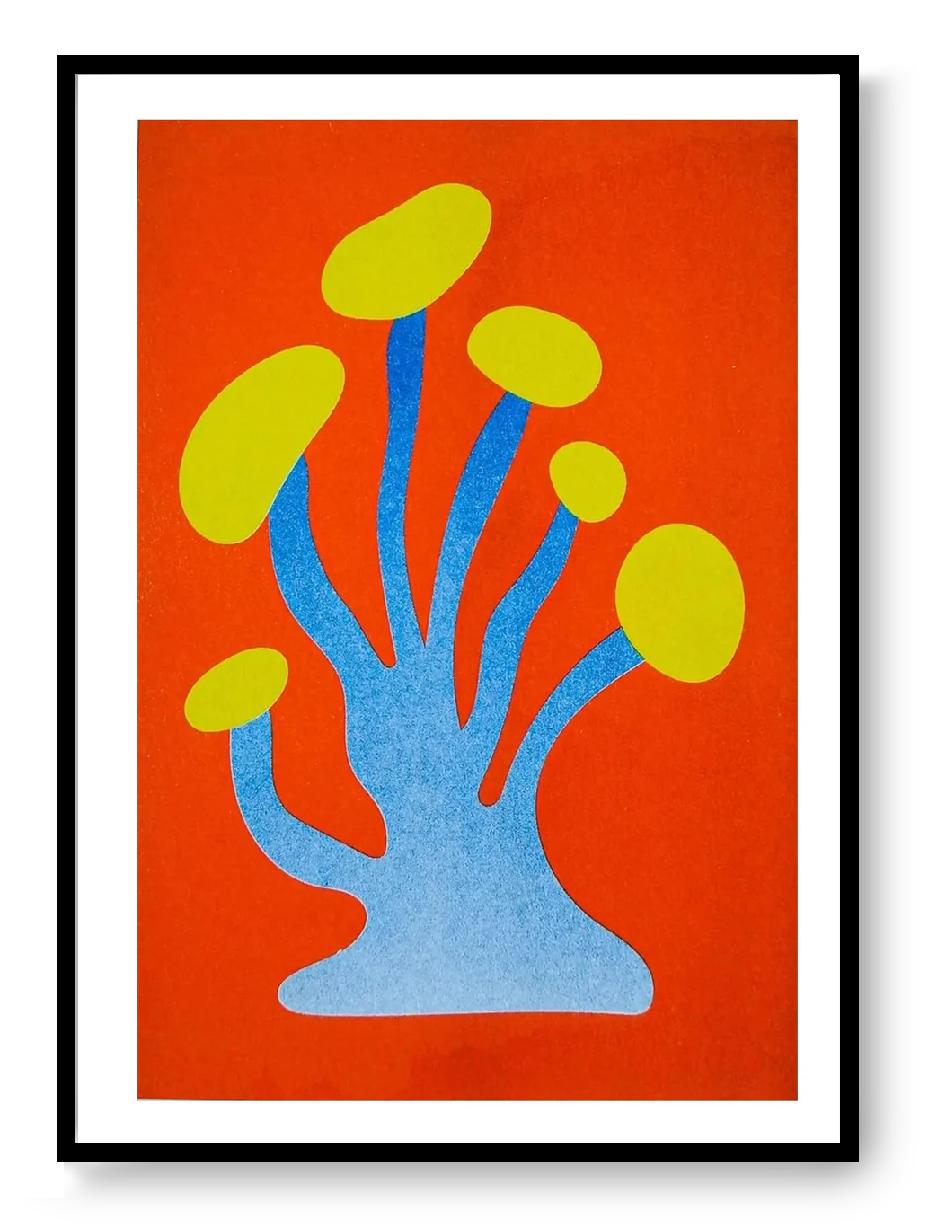 Mushroom 5 risograph art print by PTRVRKD featuring a bold abstract mushroom shape in orange, blue, and yellow, handprinted with soy inks on Biotop paper.