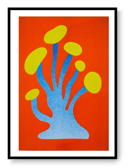 Mushroom 5 risograph art print by PTRVRKD featuring a bold abstract mushroom shape in orange, blue, and yellow, handprinted with soy inks on Biotop paper.