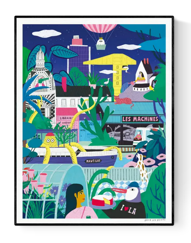 Colorful cityscape art print titled “Nantes en Plantes” by Dans les Dents, featuring a lush fantasy version of Nantes with jungle animals, plants, hot-air balloons, and whimsical city details in bold colors.