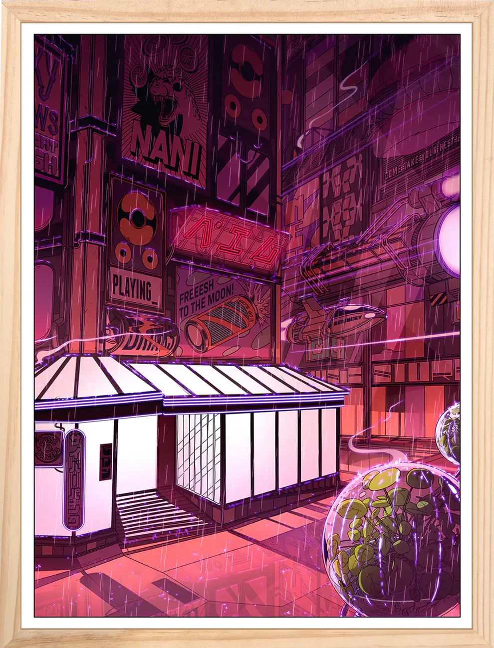 Colorful cyberpunk cityscape illustration featuring a glowing white coffee shop surrounded by futuristic neon signs, manga-style billboards, flying vehicles, and pink rain-soaked streets – Neon coffee by Paiheme Studio, 30 x 40 cm Japanese-inspired art print made in France.