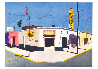 Colorful risograph art print by Japanese illustrator Nao Tatsumi depicting a sunlit street corner in Del Fresno, Mexico City, with vintage signage, palm tree, and pastel buildings under a blue sky — urban landscape art inspired by Google Street View photography, printed on Munken paper, perfect for design and travel lovers.