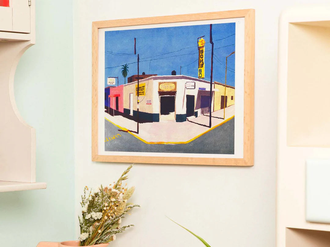 Colorful risograph art print by Japanese illustrator Nao Tatsumi depicting a sunlit street corner in Del Fresno, Mexico City, with vintage signage, palm tree, and pastel buildings under a blue sky — urban landscape art inspired by Google Street View photography, printed on Munken paper, perfect for design and travel lovers.