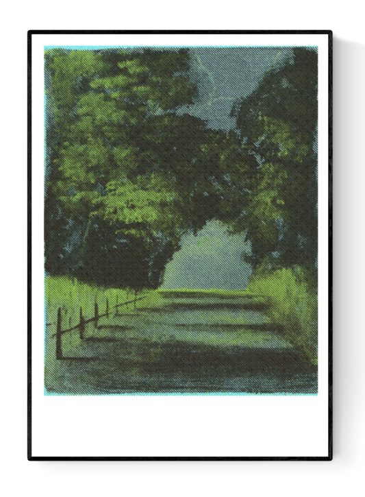 Dreamy risograph print by Nattosito titled ‘D942’, depicting a peaceful countryside road surrounded by lush green trees under a dramatic sky. A nostalgic and moody landscape artwork perfect for nature lovers and serene interior decor. Available at Galerie Frits