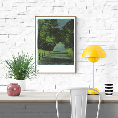Dreamy risograph print by Nattosito titled ‘D942’, depicting a peaceful countryside road surrounded by lush green trees under a dramatic sky. A nostalgic and moody landscape artwork perfect for nature lovers and serene interior decor. Available at Galerie Frits
