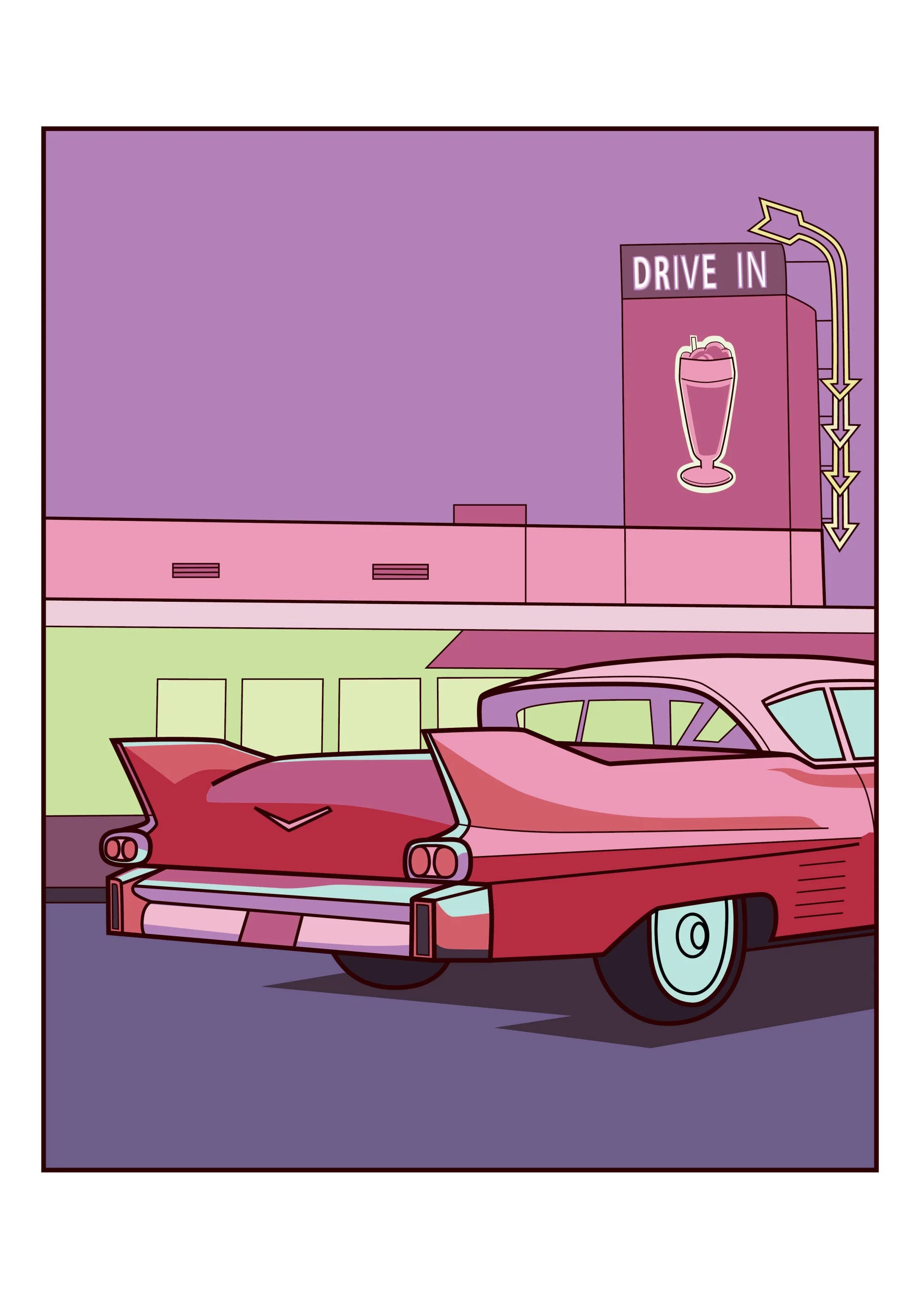 Retro Americana A3 art print by Floor 4 Productions featuring a pink vintage car in front of a neon drive-in diner with purple and pink tones.