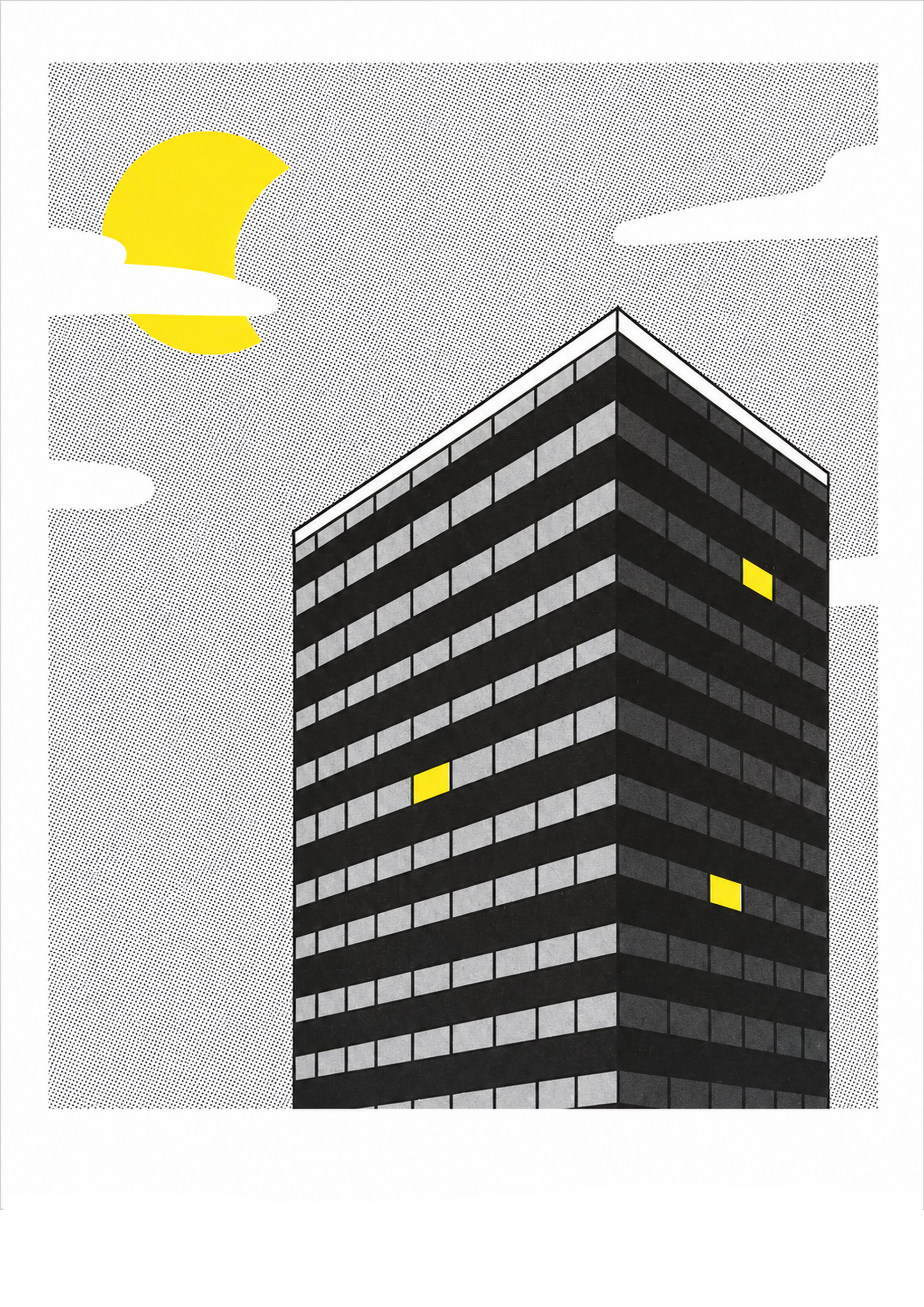Night View by Studio Stoutpoep featuring a modern black high-rise building with illuminated yellow windows beneath a bright moon, created as a risograph print with graphic architecture, monochrome tones, and contemporary urban wall art appeal.