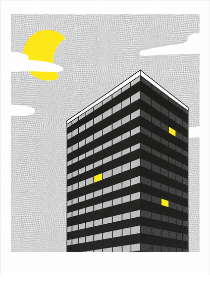 Night View by Studio Stoutpoep featuring a modern black high-rise building with illuminated yellow windows beneath a bright moon, created as a risograph print with graphic architecture, monochrome tones, and contemporary urban wall art appeal.