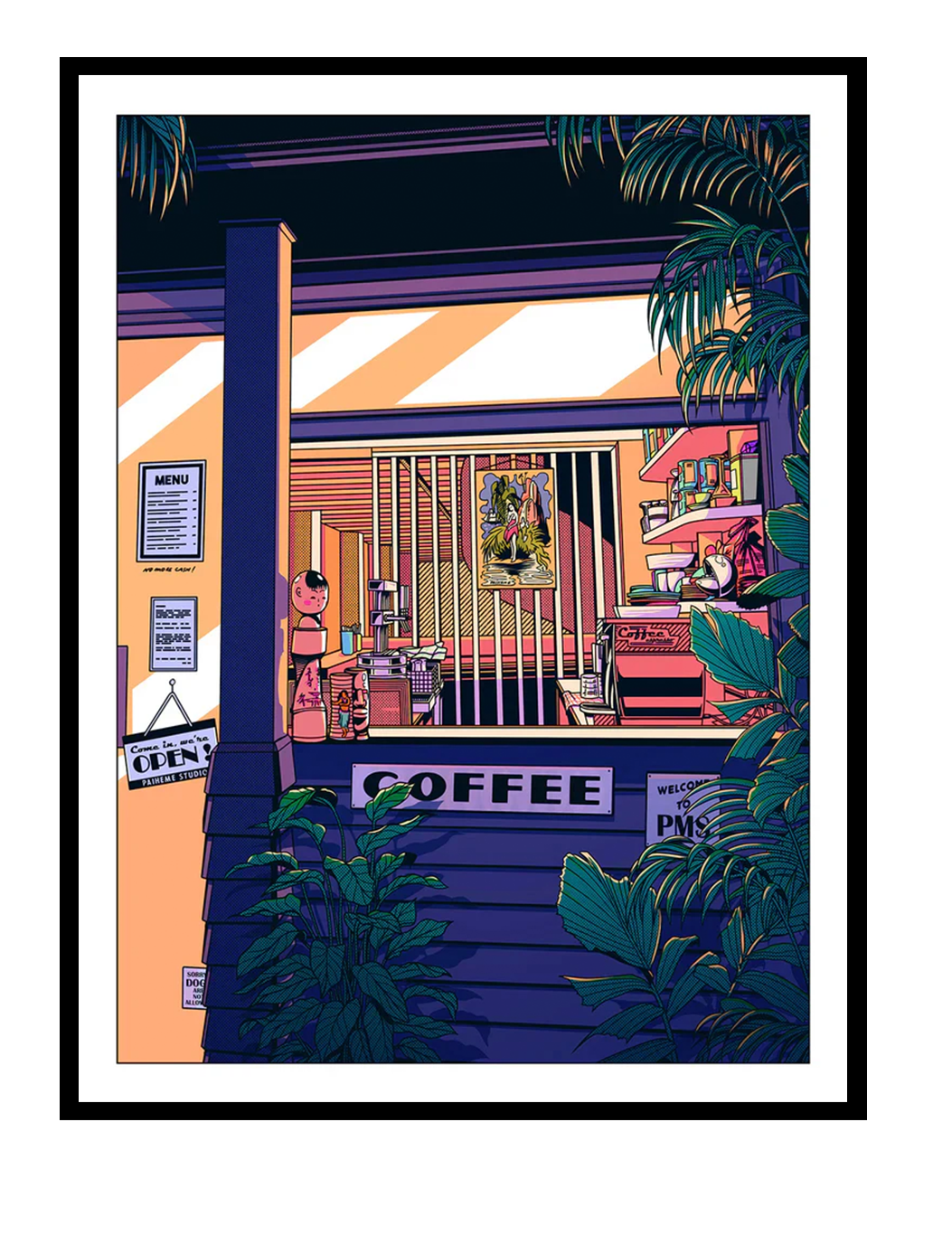 Night Coffee art print by Paiheme Studio showing a cozy Japanese coffee shop window at night with warm neon lights, plants, and retro city atmosphere, colorful detailed illustration for modern home decor