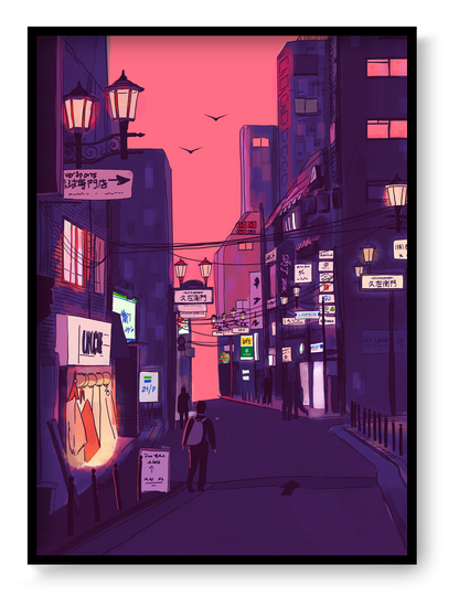 Fine art giclée print titled “Nights in Japan” by Valeria Maggiani featuring a cinematic Japanese city street at dusk with neon signs, warm shop lights, urban silhouettes, and a pink-purple evening sky, printed on 100% cotton textured paper A4 size, ideal for modern home decor and contemporary wall art in Belgium and Europe.