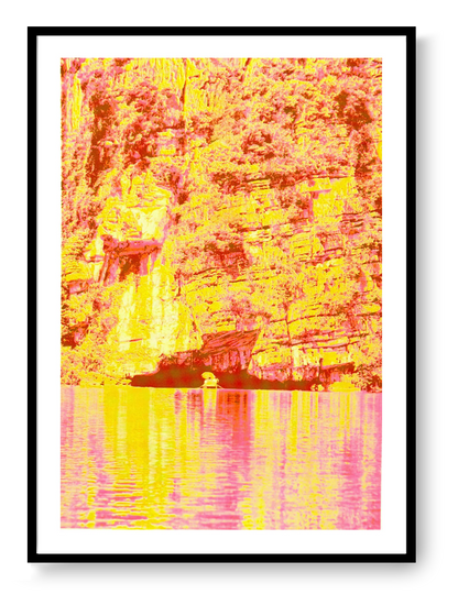 Vibrant risograph art print inspired by the cliffs and waterways of Ninh Binh, Vietnam, featuring bold neon yellows and pinks, textured rock formations, and reflective water. Contemporary limited-edition A3 artwork by PTRVRKD printed on Munken Pure Rough paper, perfect for modern interior decor.
