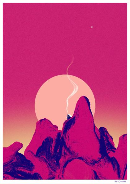 Colorful risograph art print La nuit porte conseil by Ugly Croissant, featuring surreal pink and purple mountain silhouettes under a glowing sun and night sky. Limited edition A3 print, numbered and signed by Belgian artist Kathleen Wijns — perfect for modern, dreamy interiors.