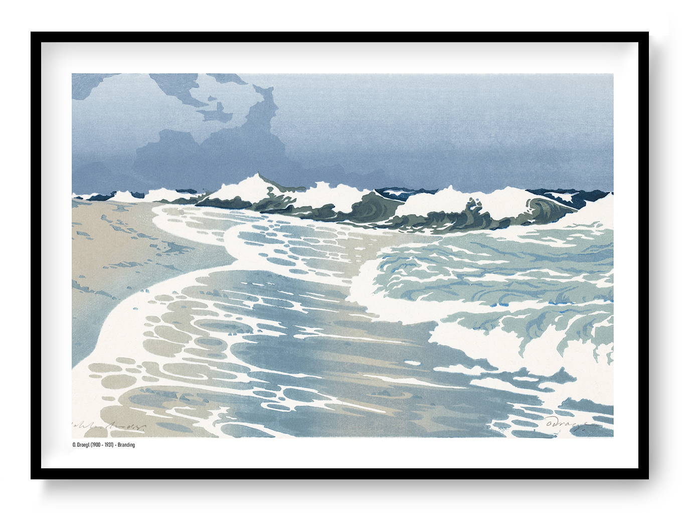 Horizontal coastal art print showing rolling ocean waves, white sea foam and a pale blue sky in a vintage colour woodcut style, ideal for calm living room, bedroom or coastal wall decor.