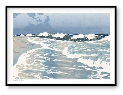 Horizontal coastal art print showing rolling ocean waves, white sea foam and a pale blue sky in a vintage colour woodcut style, ideal for calm living room, bedroom or coastal wall decor.