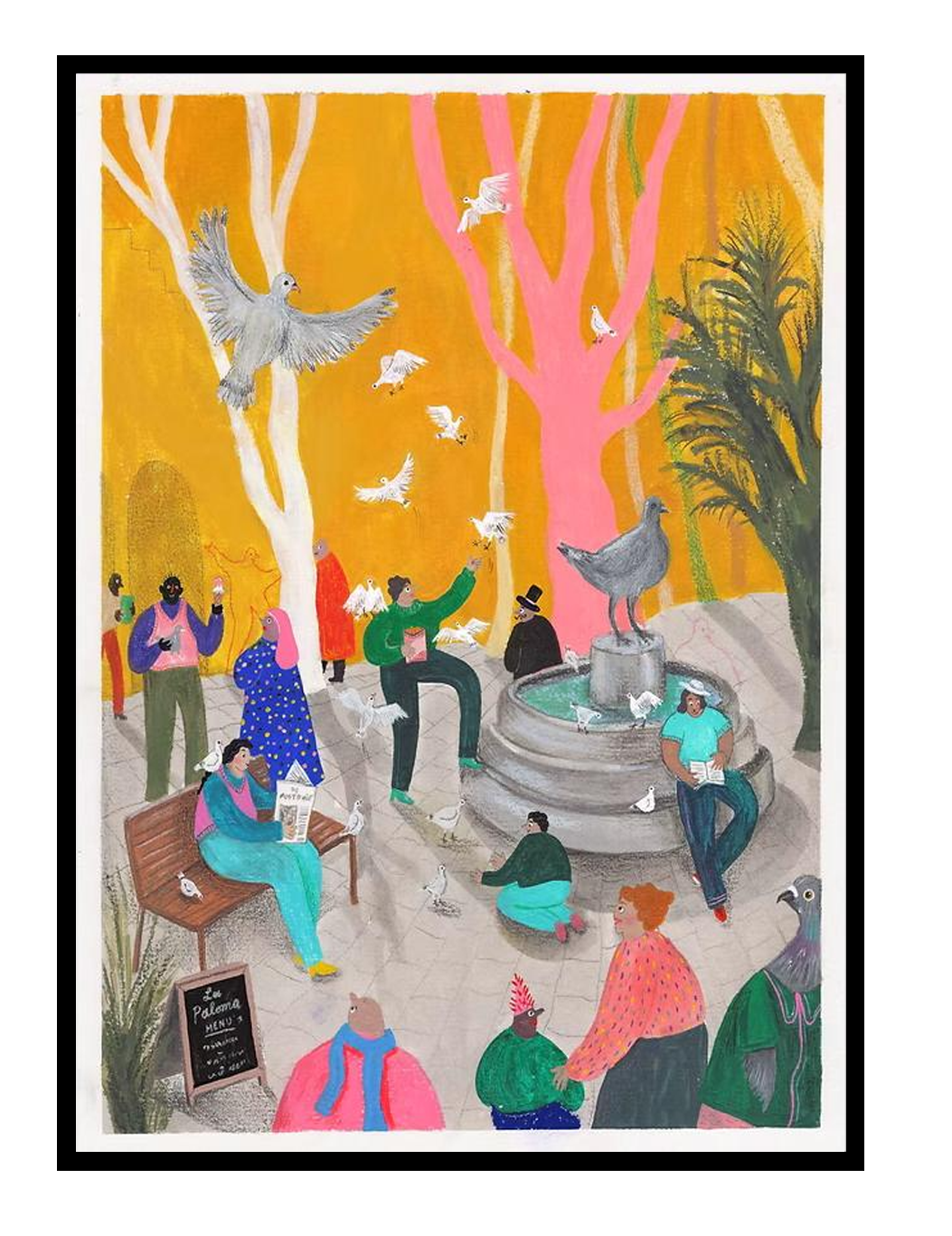 Colorful urban illustration art print by Louise de Meester showing pigeons flying around a city fountain with playful characters and vibrant orange sky.