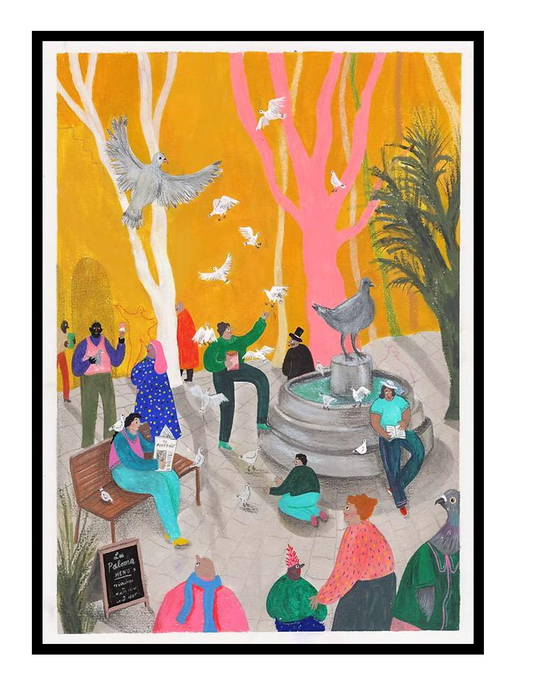 Colorful urban illustration art print by Louise de Meester showing pigeons flying around a city fountain with playful characters and vibrant orange sky.