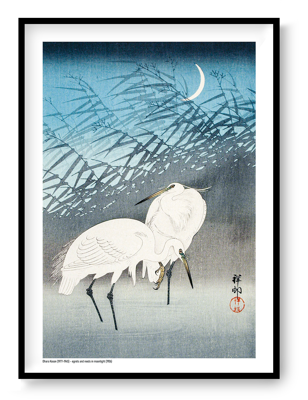 Two white egrets standing among layered reeds beneath a crescent moon, illustrated in a vintage Japanese woodblock style with blue and grey tones, vertical A4 digital print for calm wall decor.