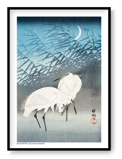 Two white egrets standing among layered reeds beneath a crescent moon, illustrated in a vintage Japanese woodblock style with blue and grey tones, vertical A4 digital print for calm wall decor.