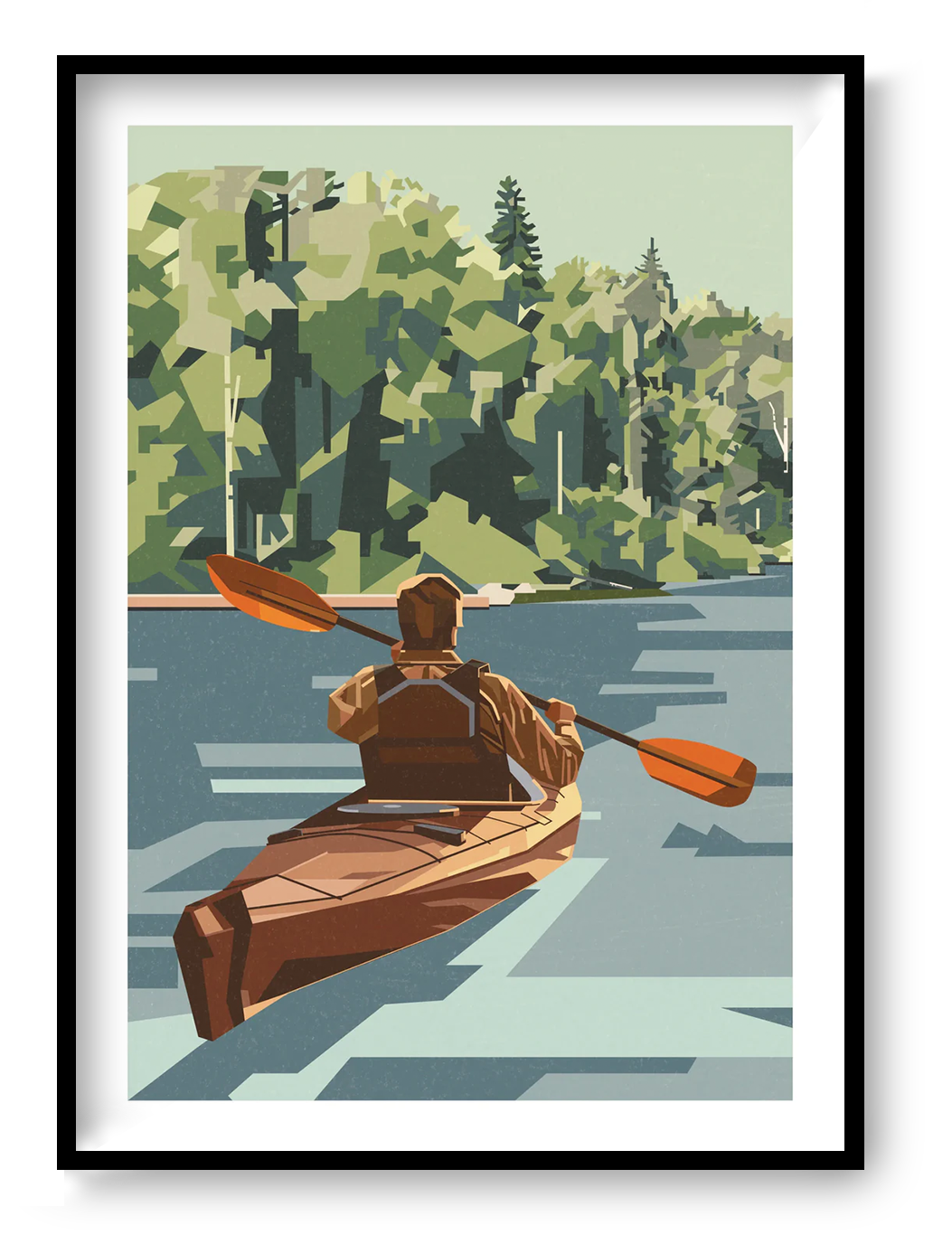 Out of Office A3 art print by Floor 4 Productions featuring a kayaker on a quiet lake surrounded by green forest, ideal for nature-inspired wall art and modern home decor.