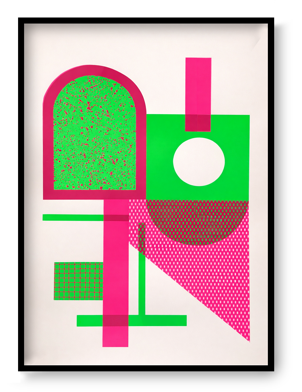 Abstract geometric screen print by Belgian artist PLUMO featuring bold shapes and fluorescent colors, hand-pulled limited edition modern wall art for minimalist and Scandinavian interiors.