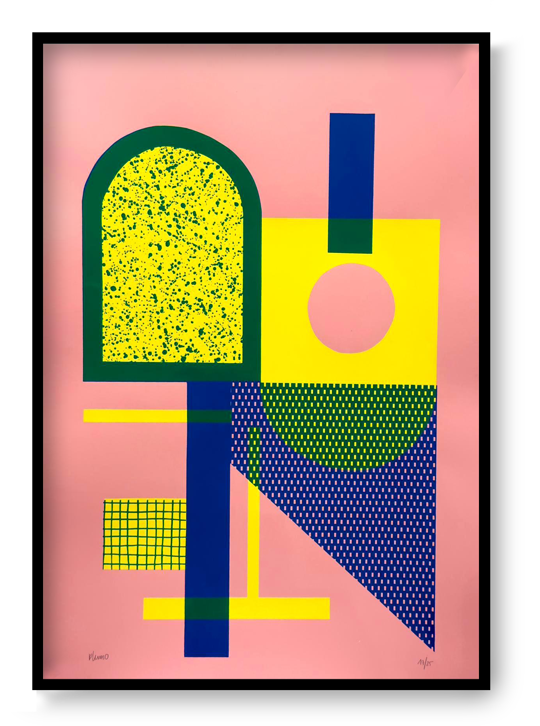 Abstract geometric screen print by Belgian artist PLUMO featuring bold shapes and fluorescent colors, hand-pulled limited edition modern wall art for minimalist and Scandinavian interiors.