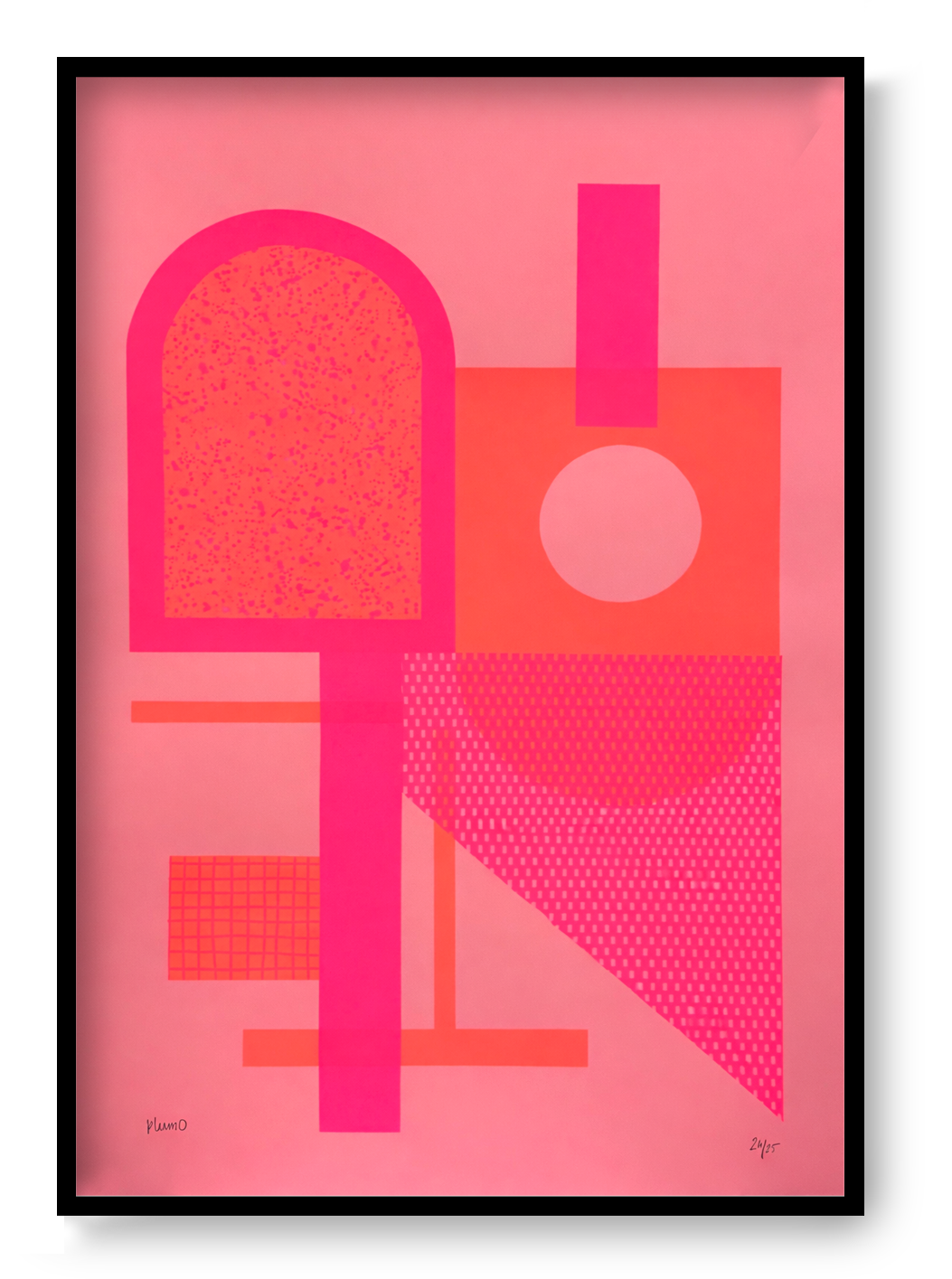 Abstract geometric screen print by Belgian artist PLUMO featuring bold shapes and fluorescent colors, hand-pulled limited edition modern wall art for minimalist and Scandinavian interiors.