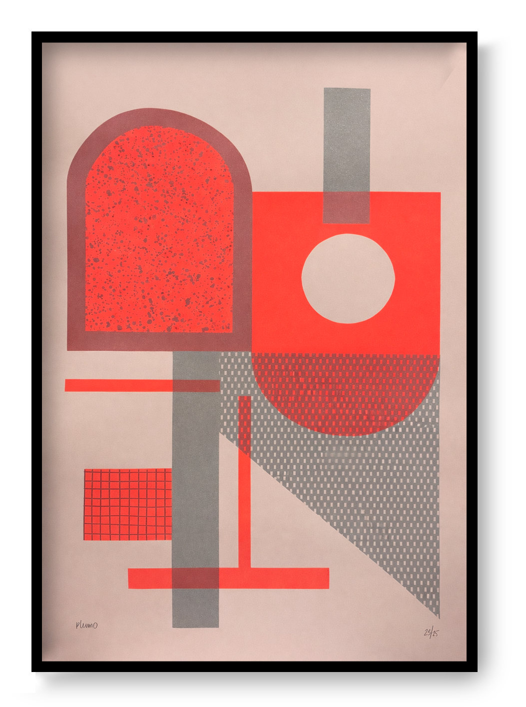 Abstract geometric screen print by Belgian artist PLUMO featuring bold shapes and fluorescent colors, hand-pulled limited edition modern wall art for minimalist and Scandinavian interiors.