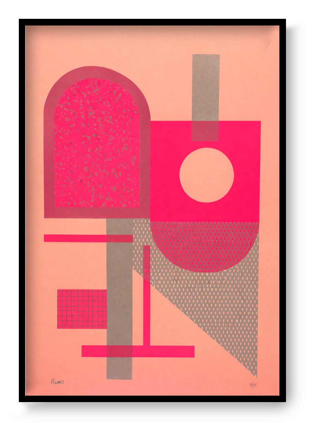 Abstract geometric screen print by Belgian artist PLUMO featuring bold shapes and fluorescent colors, hand-pulled limited edition modern wall art for minimalist and Scandinavian interiors.