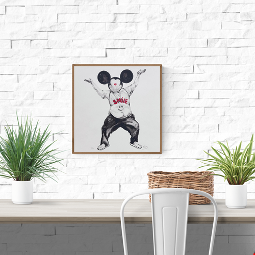 "Smile" square art print by Belgian illustrator FAB – surreal black-and-white drawing of a person with cartoon ears, Crocs, and a 'SMILE' T-shirt, printed on premium paper, celebrating absurdity and joy.