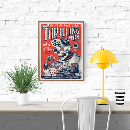 30 x 40 cm vintage-style art print titled Thrilling Stories by French duo Yeaaah! Studio. Features a skeleton wearing 3D glasses, eating popcorn, styled as a retro pulp magazine cover in red, blue, and white tones. Printed on 300g Old Mill premium white paper. Ideal for fans of horror, comics, and pop art.