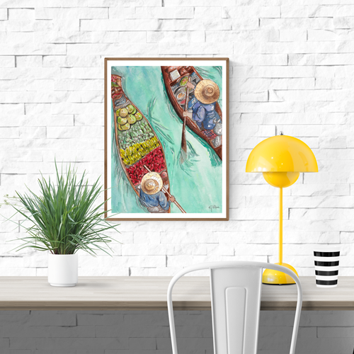Watercolor art print by Giu Watercolor depicting two traditional wooden boats at an Asian floating market, filled with colorful fruit and food, 30 x 40 cm giclée print.