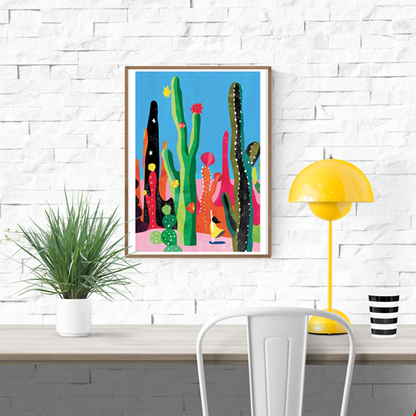 Cactus by Shihotana – 30x40 cm Japanese art print featuring a whimsical girl exploring a surreal desert filled with tall, colorful cacti under a bright sky. Dreamlike illustration in vibrant tones, printed in France on FSC-certified eco paper, unframed wall art inspired by nature and fantasy worlds.