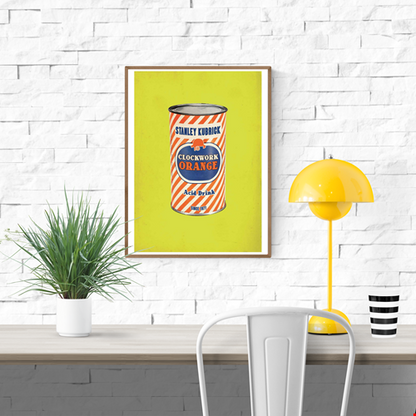 Clockwork Orange by David Redon – 30x40 cm pop art poster inspired by Stanley Kubrick’s cult film A Clockwork Orange, featuring a vintage 1960s-style canned drink design on a bright yellow background. Retro cinema wall art for movie lovers, printed in France on FSC-certified paper.