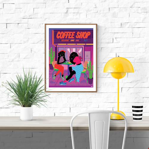 Dallas Coffee Shop by Aurélia Durand – 30x40 cm art print of two friends enjoying coffee outside a neon diner at night. Vibrant illustration full of bold colors, cacti, and cultural diversity, celebrating joy and connection. Printed in France on FSC-certified paper.