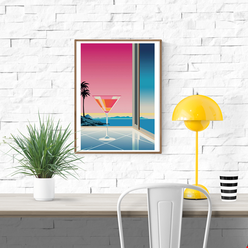 Fantasy Martini by Vistas Studio – 30x40 cm minimalist art print of a martini glass with a colorful sunset view by the sea. Elegant coastal wall art featuring palm trees, ocean horizon, and architectural lines. Perfect modern summer decor, printed on FSC-certified paper.