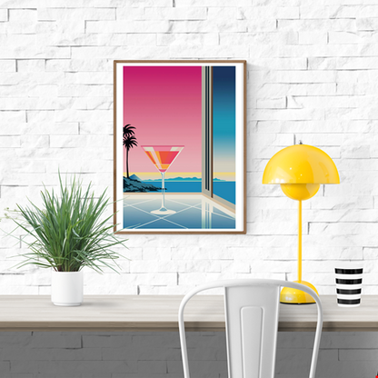 Fantasy Martini by Vistas Studio – 30x40 cm minimalist art print of a martini glass with a colorful sunset view by the sea. Elegant coastal wall art featuring palm trees, ocean horizon, and architectural lines. Perfect modern summer decor, printed on FSC-certified paper.