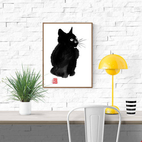 Fluffy Cat by Pechane Sumie – 30x40 cm sumi-e Japanese ink art print of a black cat with expressive eyes. Minimalist animal wall art blending traditional brush painting with contemporary elegance. Perfect zen-inspired home decor on FSC-certified paper.
