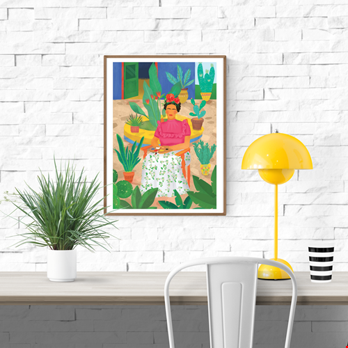 Frida by Petra Lizde – 30x40 cm colorful art print of Frida Kahlo seated in a garden with tropical plants. Vibrant Mexican-inspired wall art, botanical illustration, and bold portrait design perfect for adding creativity and warmth to interiors.