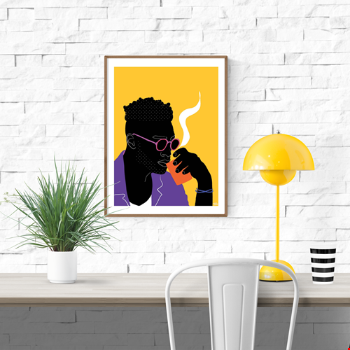 Haut en Couleurs V2 by Aurélia Durand – 30x40 cm colorful art print of a man drinking coffee, wearing purple sunglasses against a bright yellow background. Bold modern wall art celebrating diversity and vibrant pop culture style.