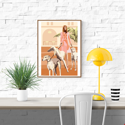 “Who Let the Dogs Out” by Floor 4 Productions – A3 digital art print of a fashionable woman walking three elegant greyhounds in a modern, pastel urban setting, Belgian illustration.